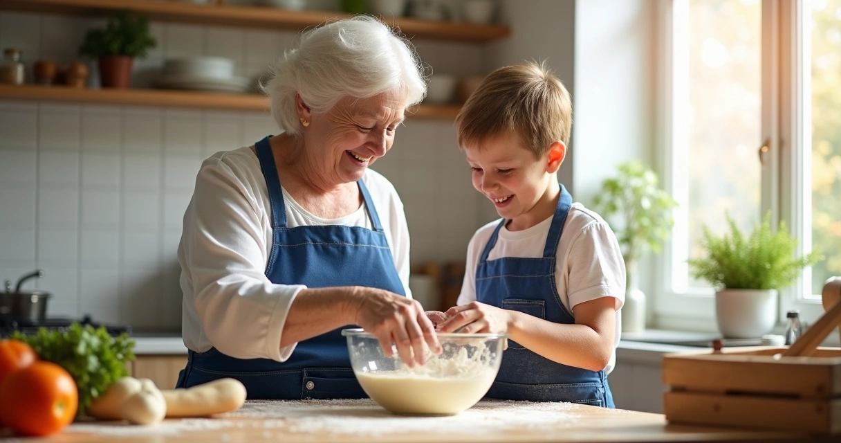 Avó e neto cozinhando juntos na cozinha 