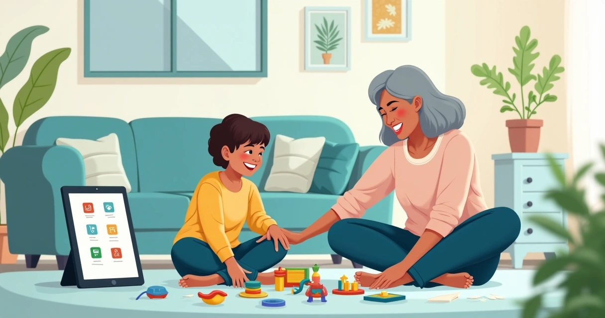 Avó e neto brincando juntos em uma sala aconchegante 