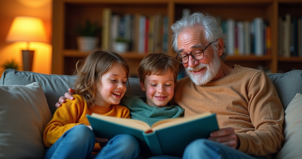 Avô lendo livro com netos sentados ao redor 