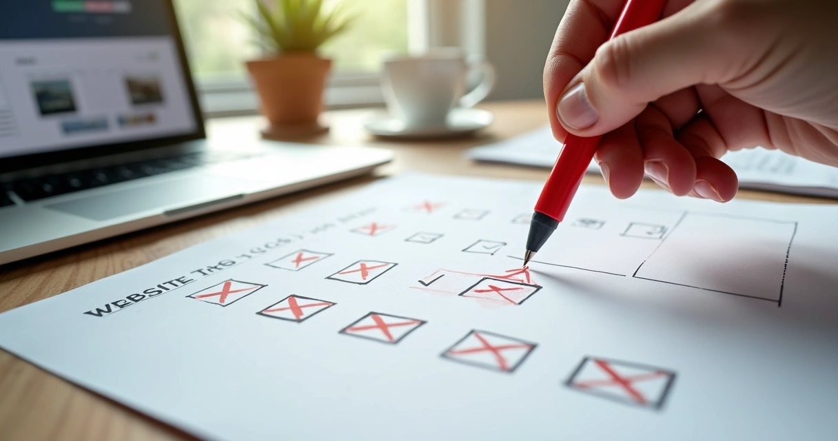 Checklist with warning symbols over website blueprints