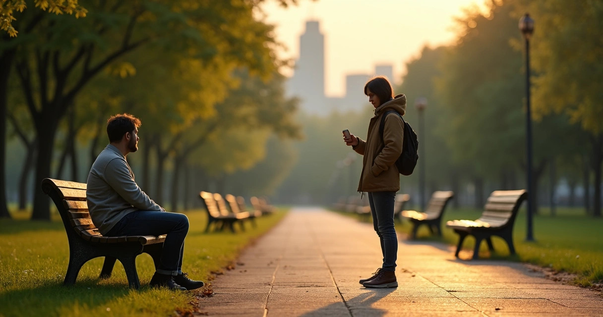 Person on park bench slightly turned away from waiting friend across path 