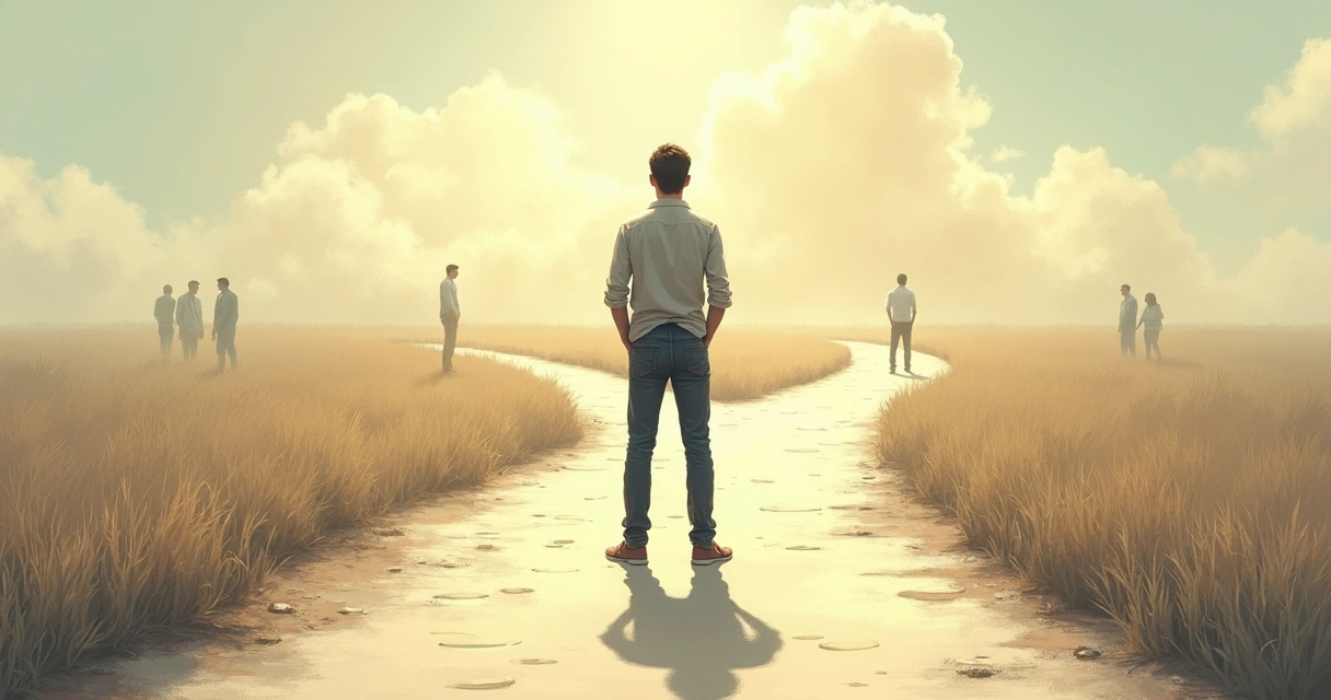 A person standing at a crossroads hesitating between two paths, with blurred figures symbolizing social pressure in the background 