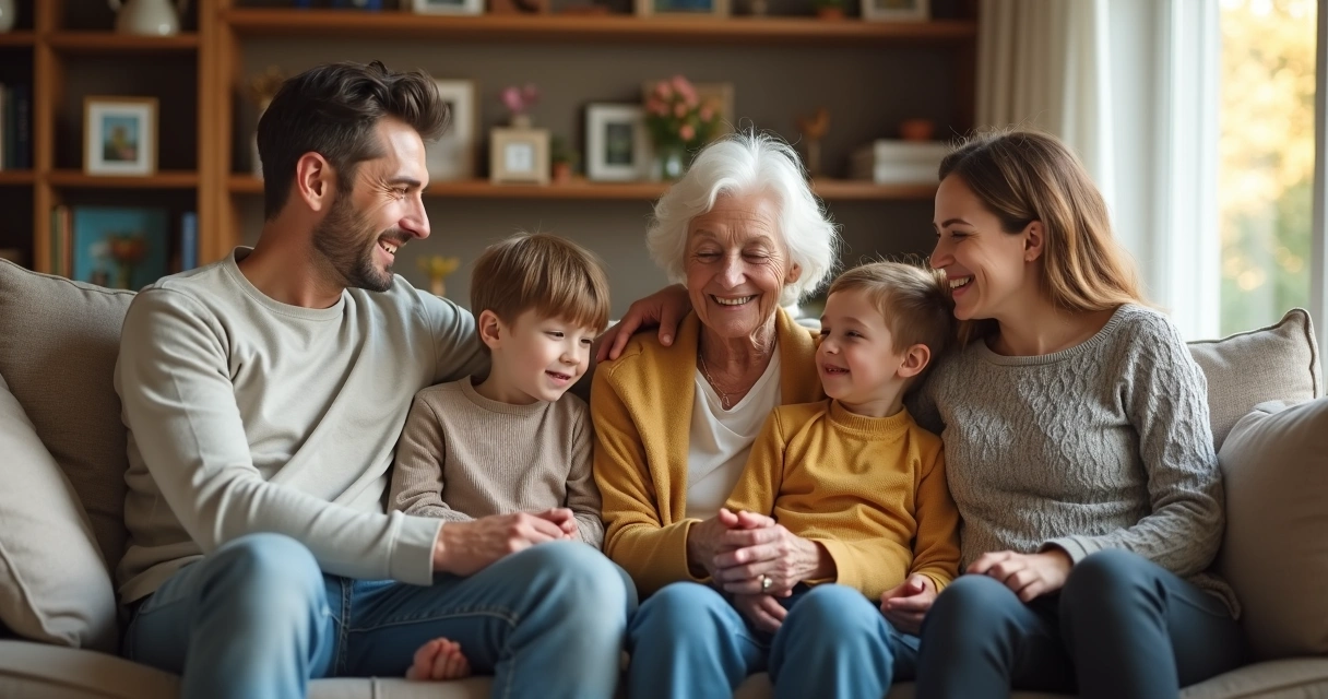 Avós sentados com netos e pais na sala de casa