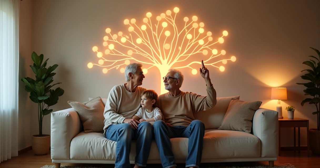 Avó, avô e criança sentados em sofá com luzes em forma de árvore familiar ao fundo 