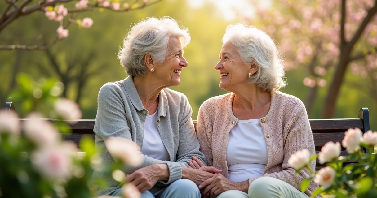 Duas mulheres de idades diferentes conversando ao ar livre, representando gerações de mães 