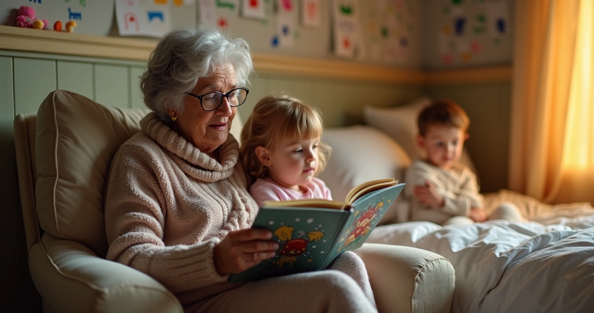 Avó sentada em uma poltrona lendo livro infantil enquanto netas ouvem atentas 