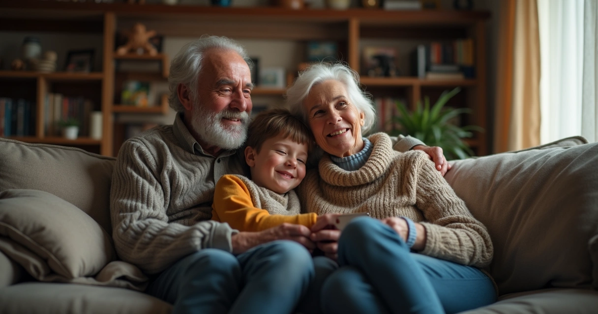 Grandparents and grandchildren enjoying an old movie together 