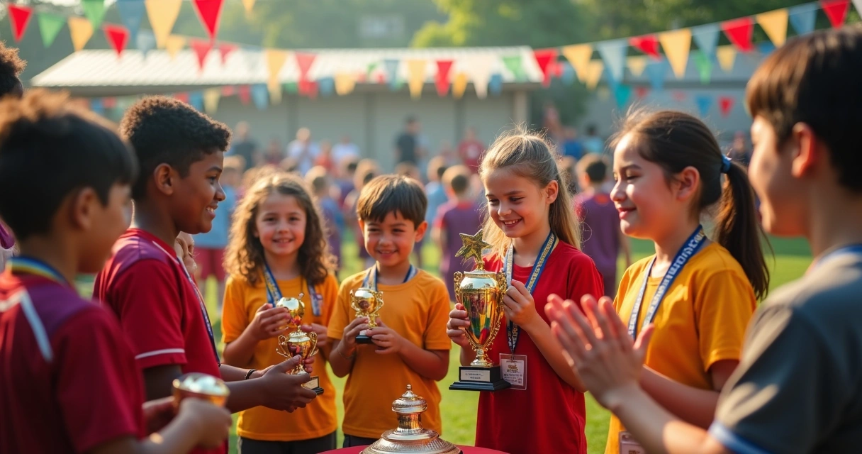 Award ceremony with children from a football school receiving medals and trophies