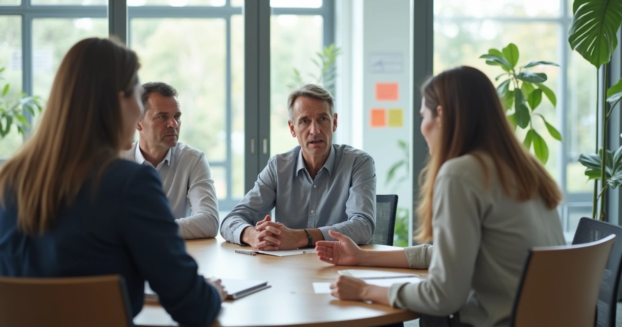 Calm leader listening attentively to a colleague in a modern office meeting 