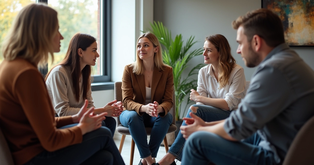 Colleagues in a circle, talking and listening closely during a feedback session
