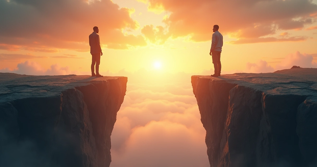 Bridge of light connecting two human silhouettes across gap