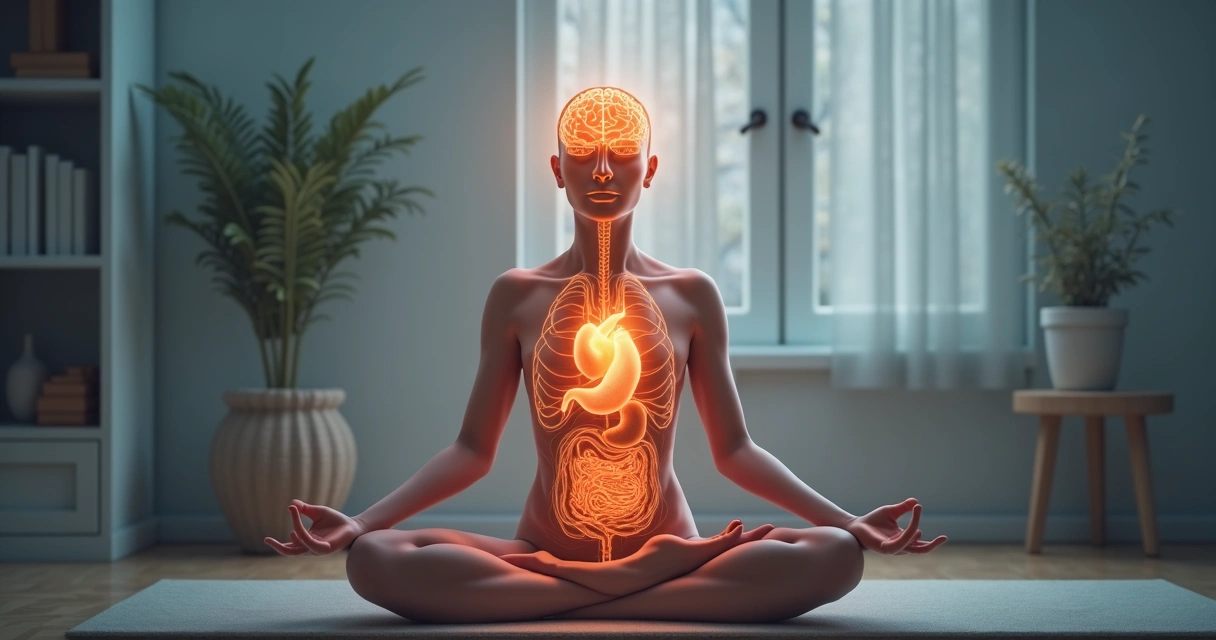Woman meditating with transparent overlay showing connected lines between brain, heart, and body 