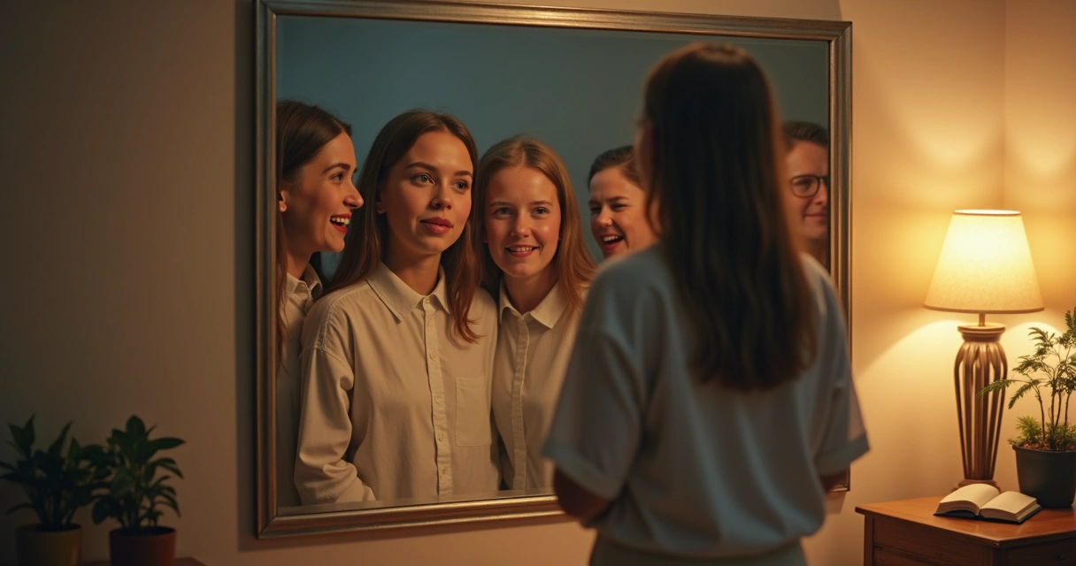 Person looking in mirror reflecting multiple faces. 