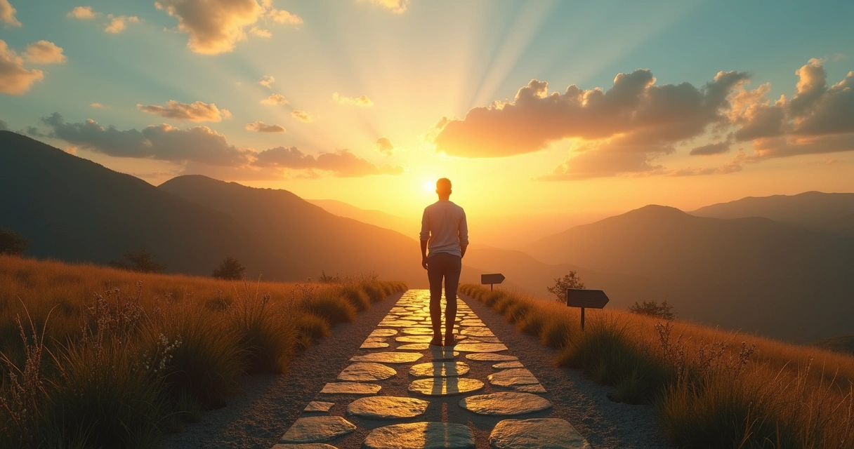 Person standing at a crossroads between awareness and maturity paths 