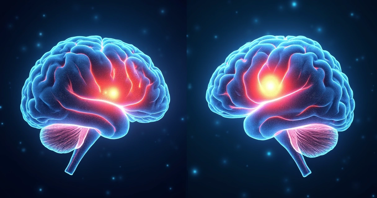 Brain scan illustration showing decreased self-focus and increased sensory activity during awe 