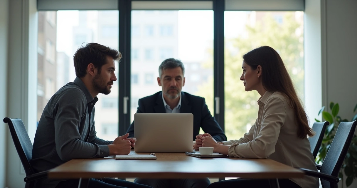 Three coworkers in an office meeting, one pair whispering while another looks left out. 