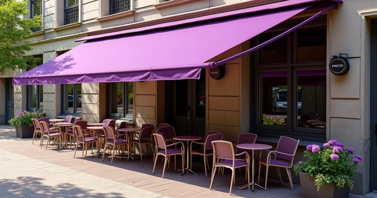 Retractable purple awning over outdoor cafe seating 