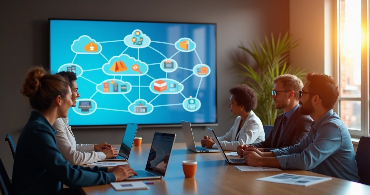 Equipe de pequenas empresas em sala de reunião usando laptops para planejamento de projeto AWS 