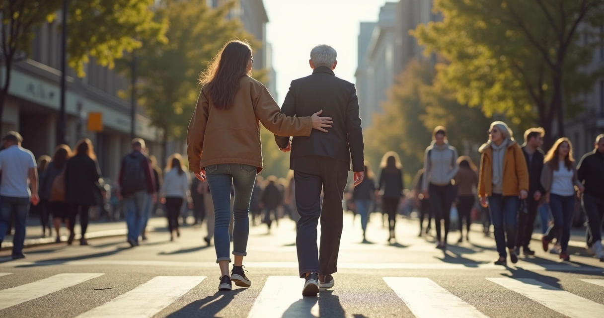 Persona ayudando a un anciano a cruzar la calle