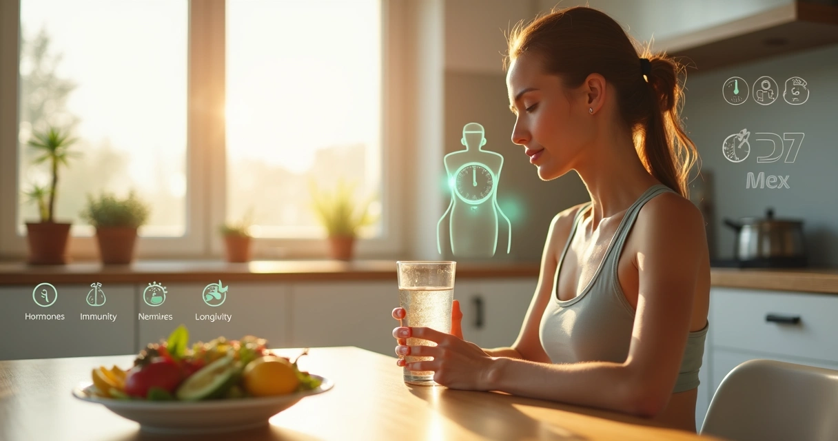 Mujer relajada mirando un vaso de agua durante la ventana de ayuno intermitente 
