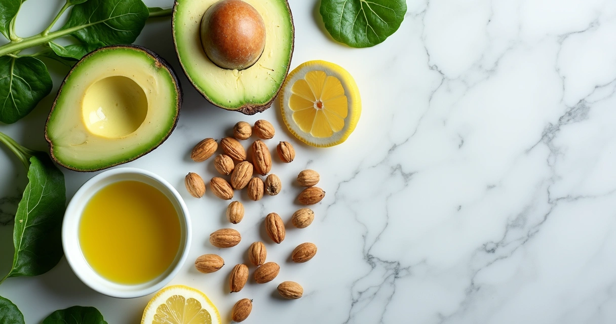 Azeite, abacate e castanhas lado a lado 