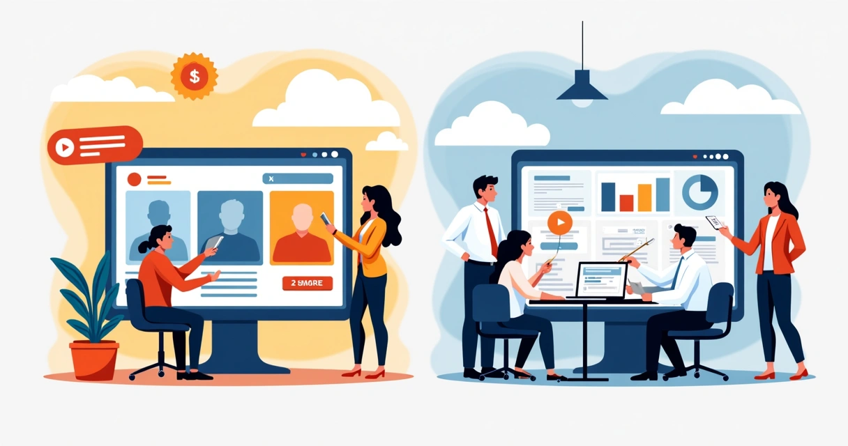 Comparação visual de campanhas: criativos coloridos para vendas direto ao consumidor à esquerda, banners institucionais sóbrios para empresas à direita. 