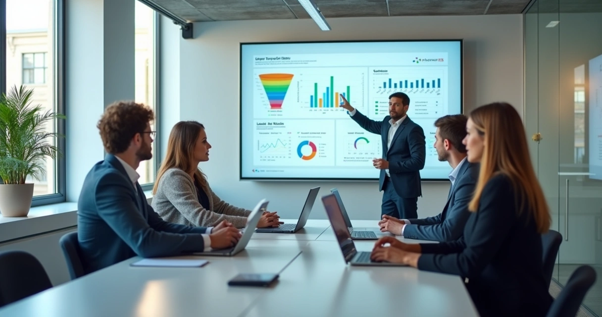 Team reviewing a B2B dashboard on a large screen