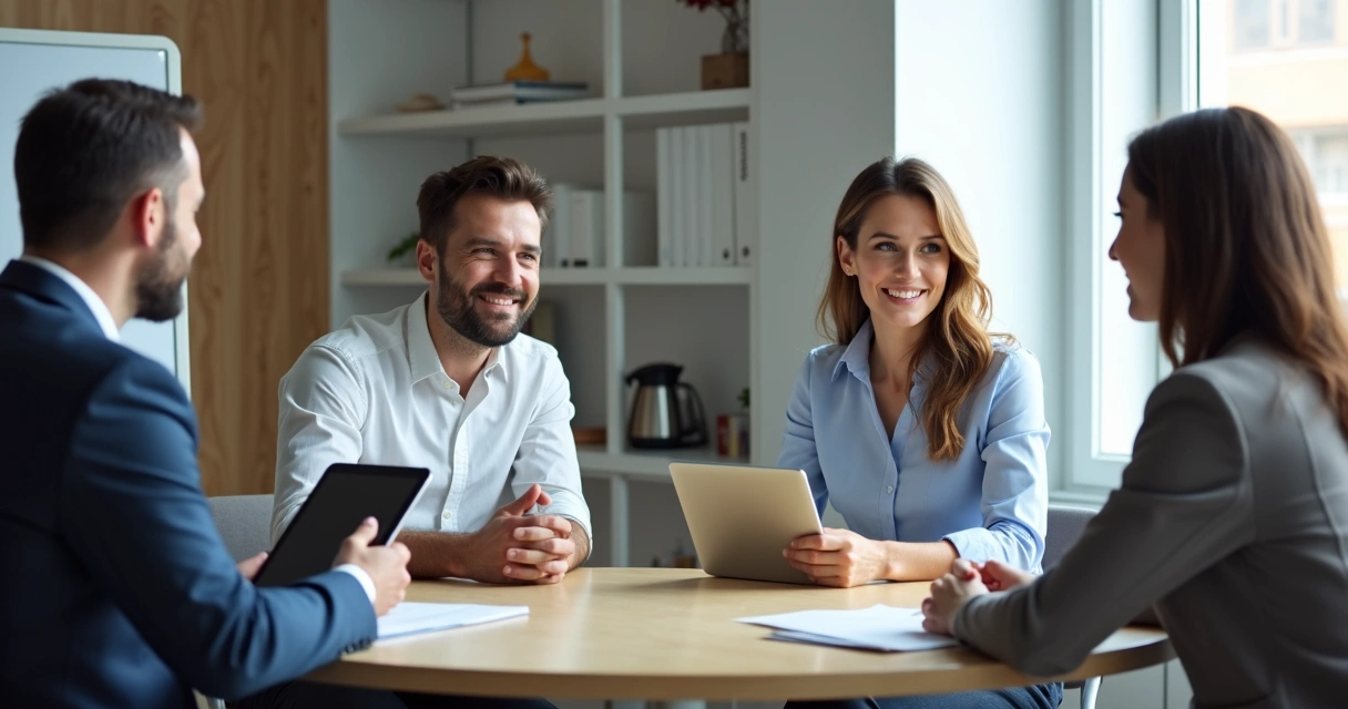 Equipe B2B em reunião focada na empatia e apresentação personalizada 