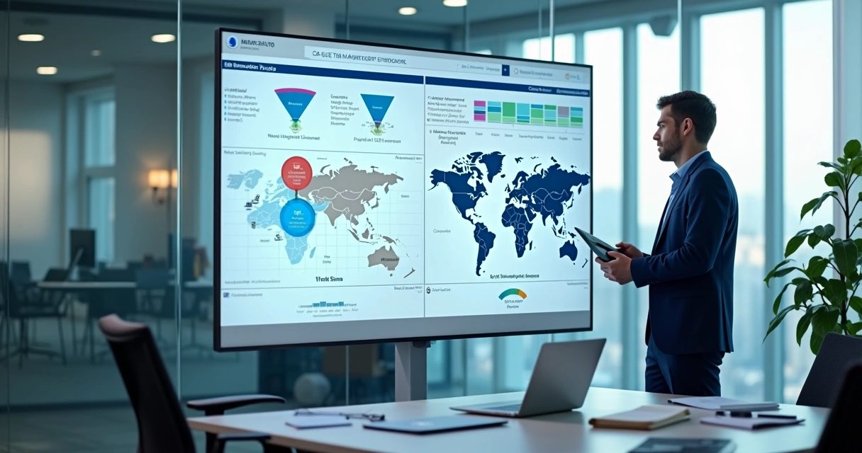Analyst reviewing a B2B market segmentation dashboard on a large screen