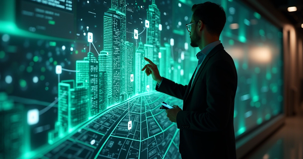 Executivo analisando mapa urbano digital com poucos prédios em destaque 