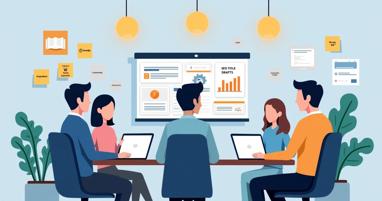 Team collaborating on B2B SEO title creation in an office. 
