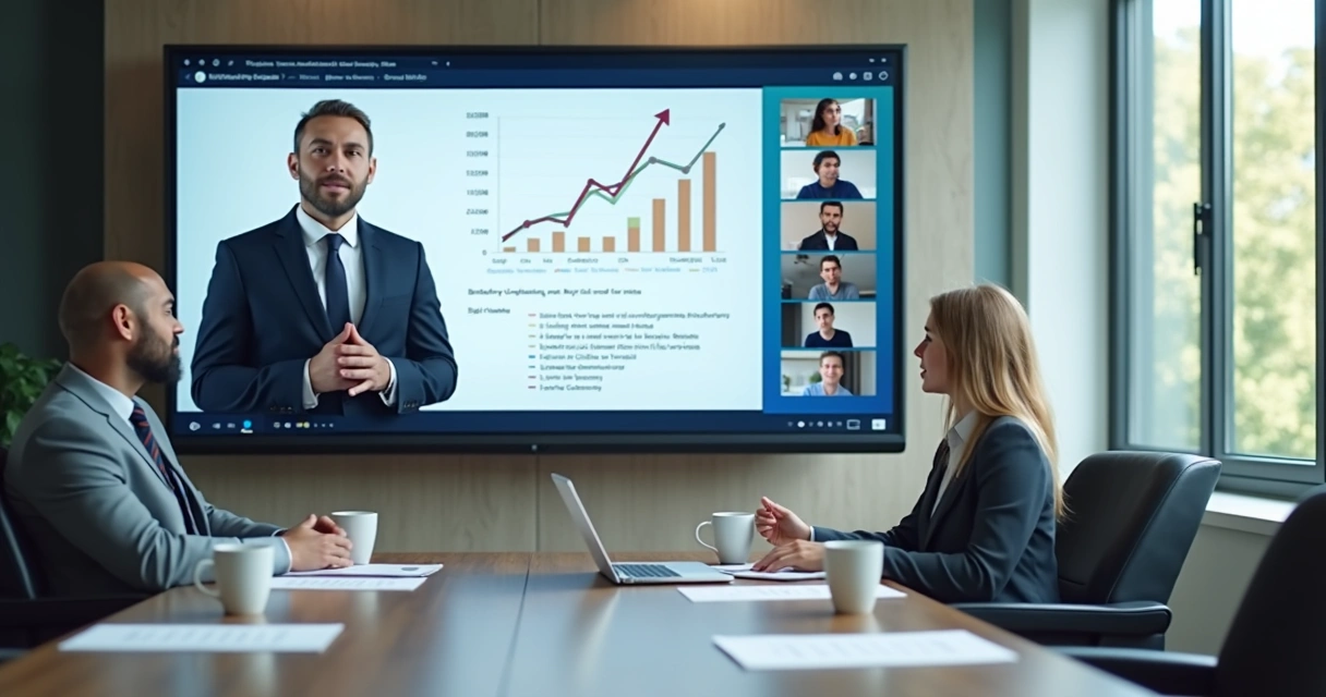 Small B2B webinar briefing shown on a screen with charts and attendee tiles
