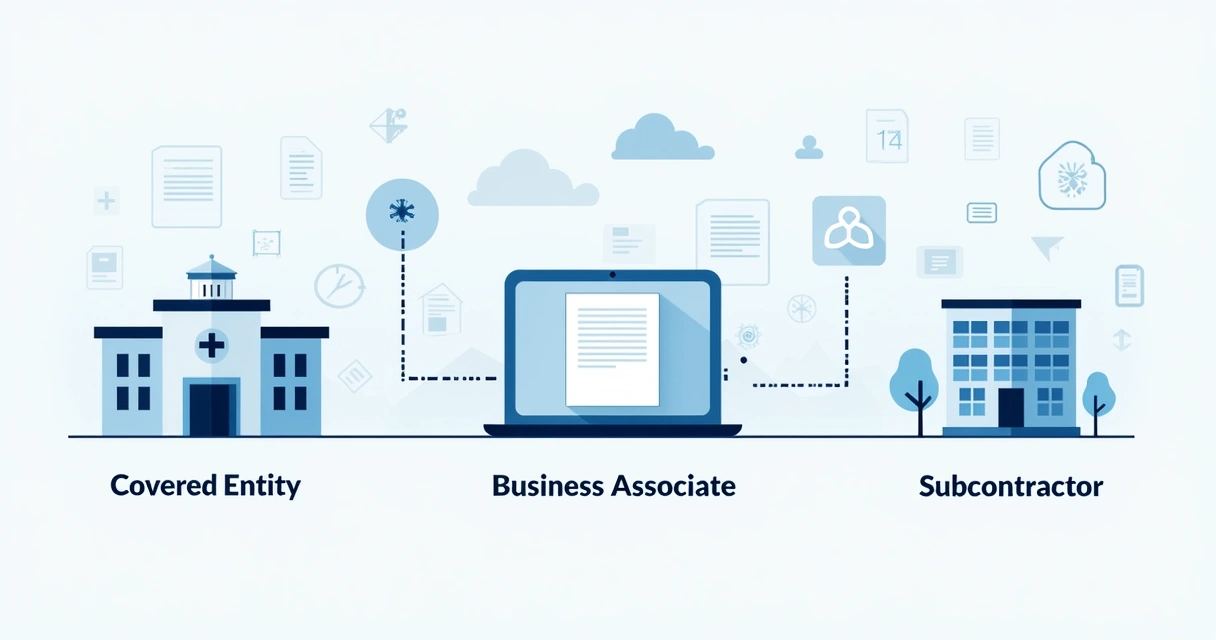 Chain of digital BAA contracts linking covered entity, business associate, and subcontractor icons 