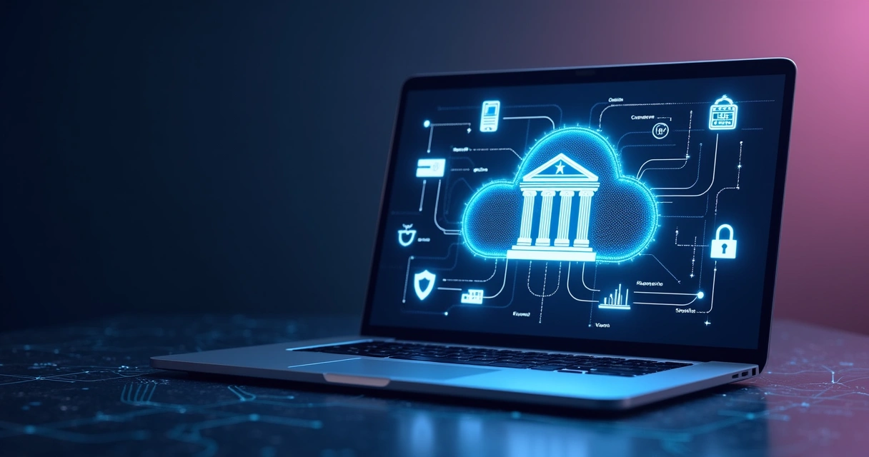 Plataforma digital exibindo APIs conectando serviços financeiros em nuvem 