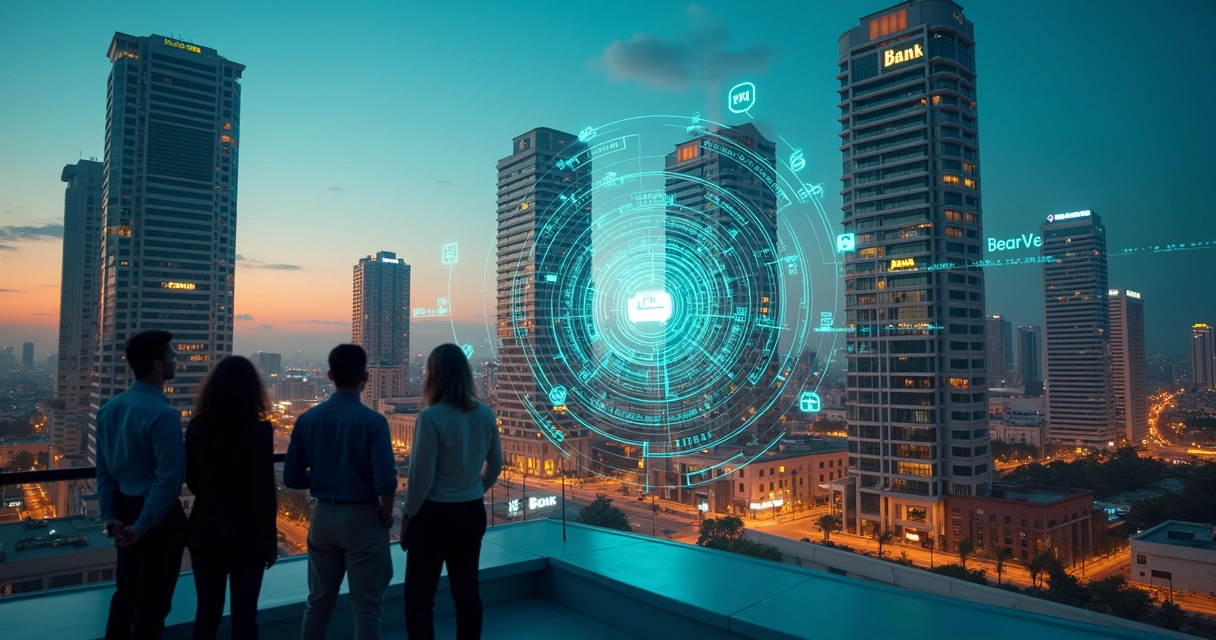 Vista aérea de centro financeiro brasileiro conectado por linhas digitais representando BaaS e Pix 