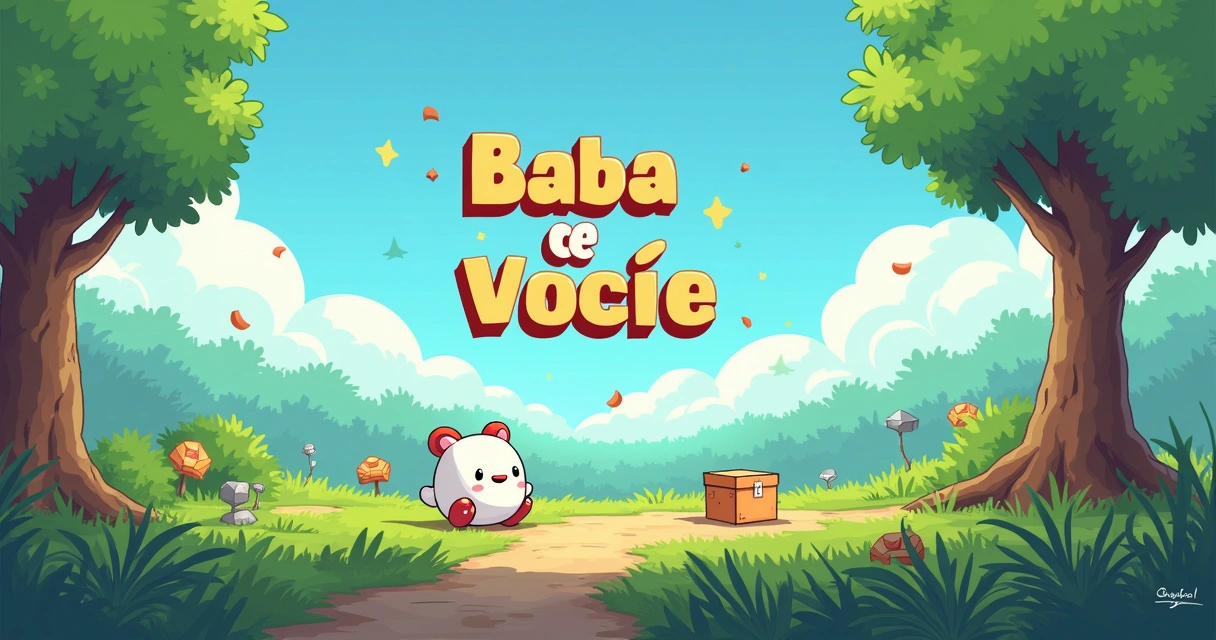 Ilustração de um cenário de jogo quebra-cabeça com personagens e palavras flutuantes interagindo.