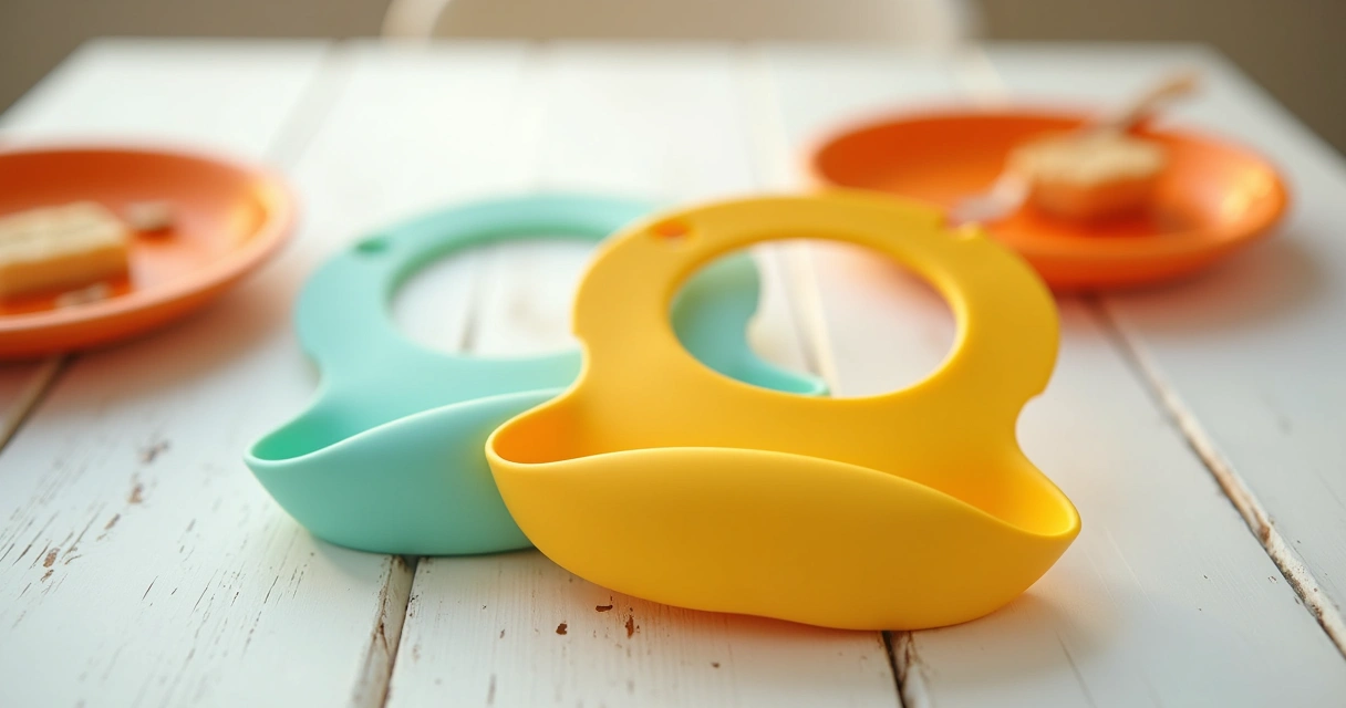 Babador infantil colorido sobre uma mesa com colher e prato 