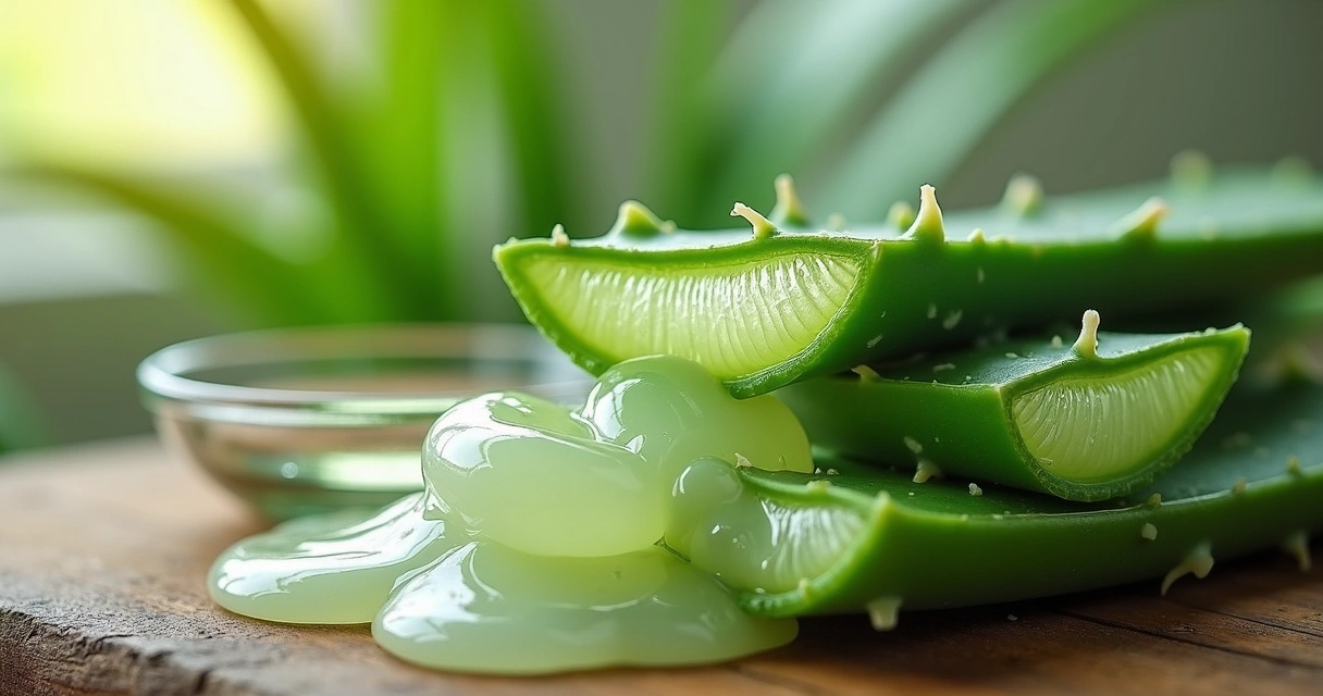 Folha de babosa com gel translúcido escorrendo para uma tigela de vidro 