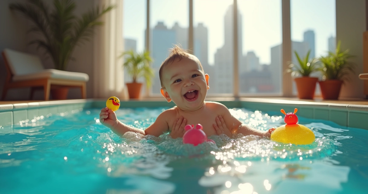 Baby swimming in an apartment pool with a parent 