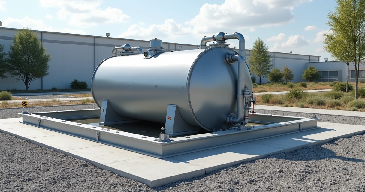 Bacia de contenção metálica instalada em área externa industrial 