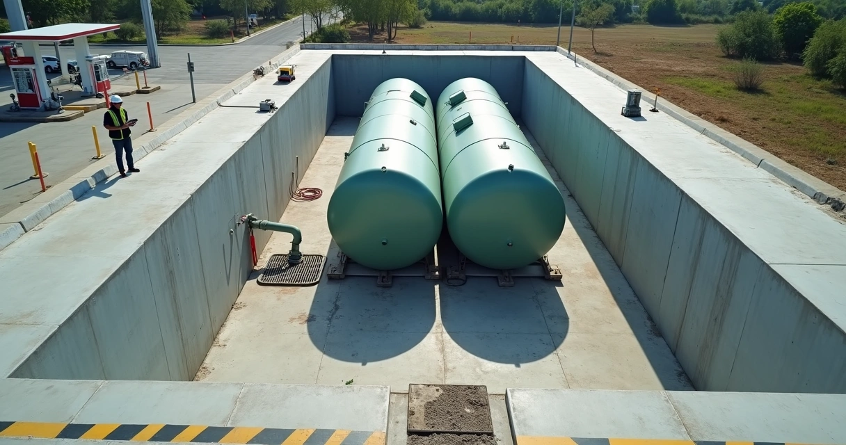Vista aérea de bacia de contenção em posto de combustível com tanques e piso impermeável 
