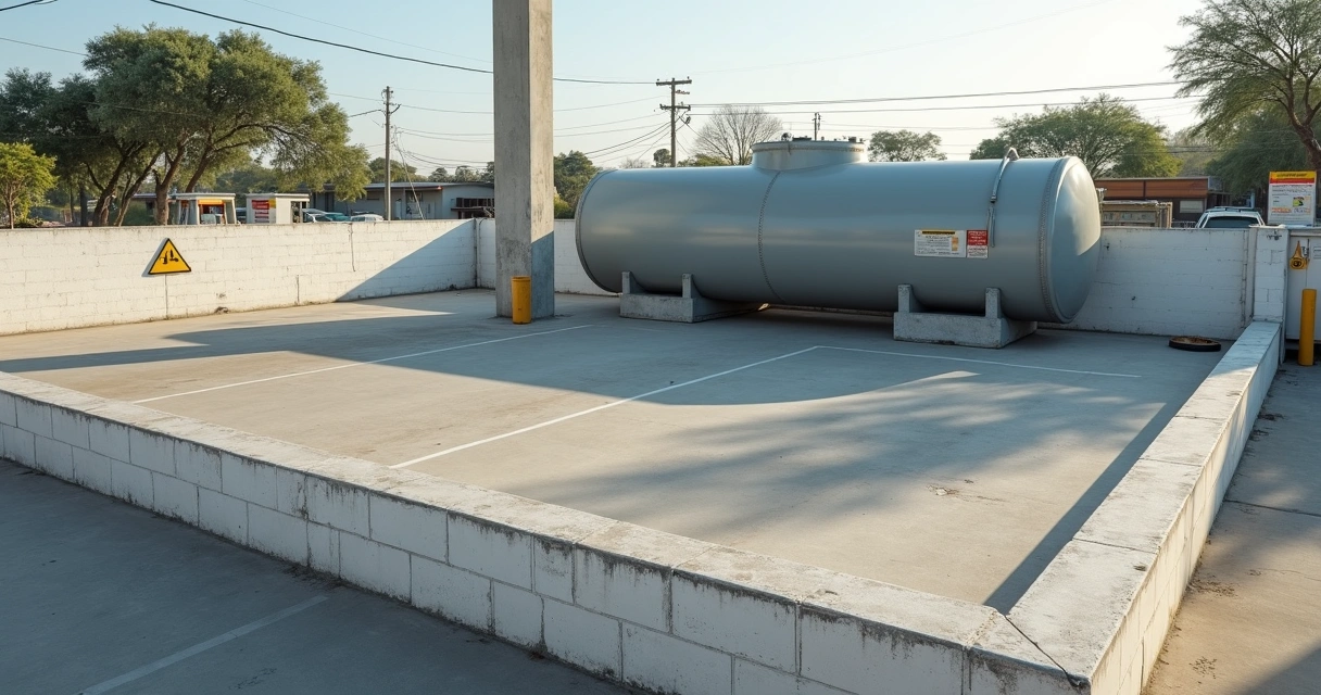 Bacia de contenção em alvenaria ao redor de tanque em posto de combustível 