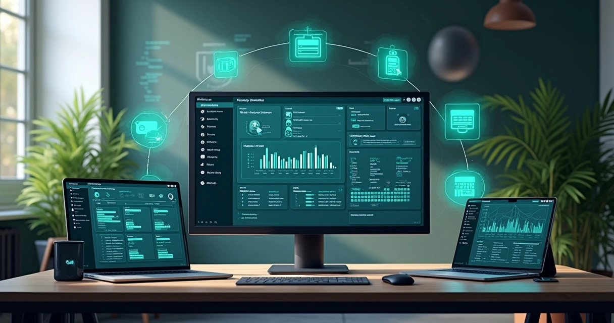 Tela de dashboard Supabase conectada a aplicativos no-code em um ambiente de trabalho moderno 