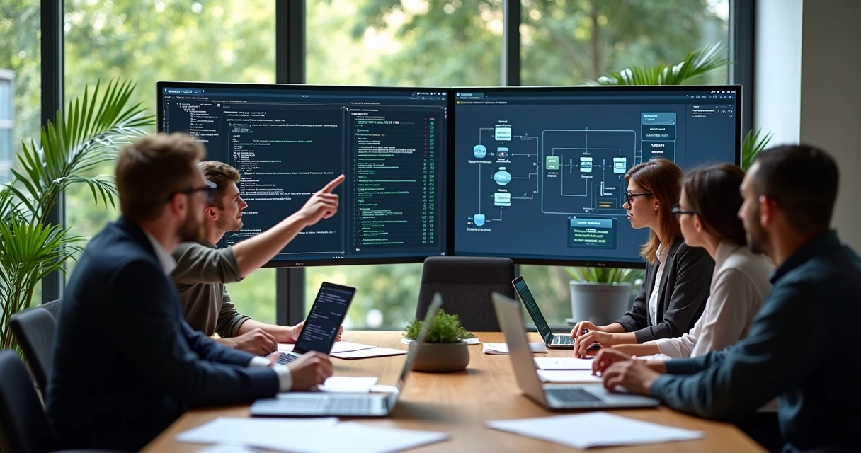 Developers discussing backend architecture around a table with flowcharts