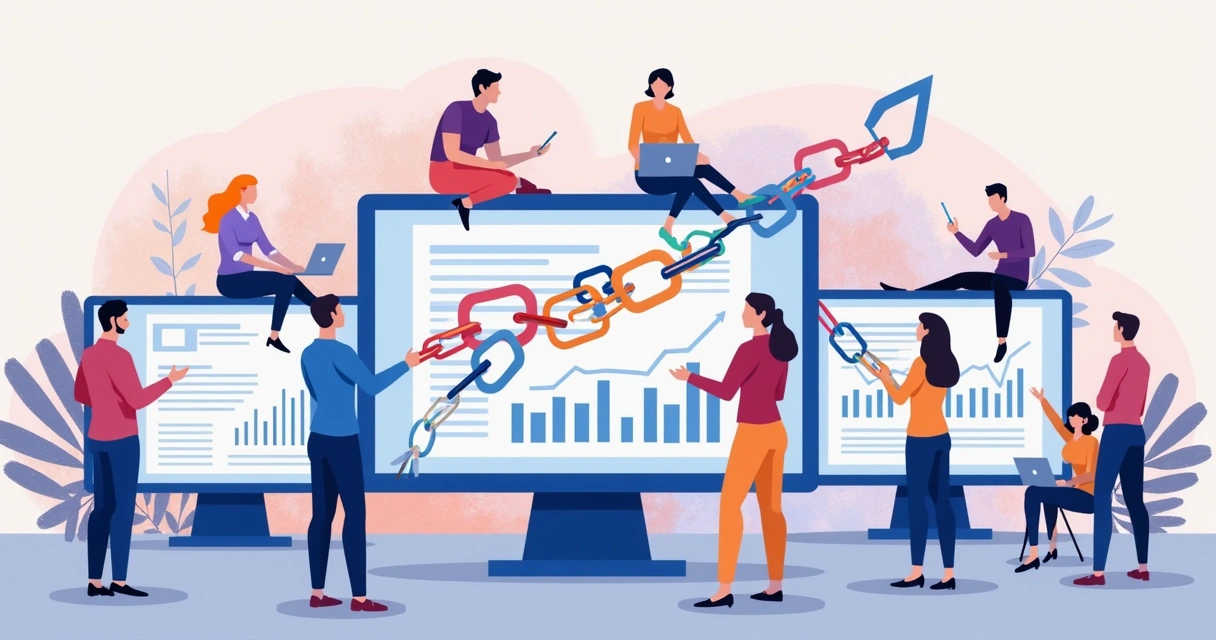 Illustration of people creating links between websites on screens 