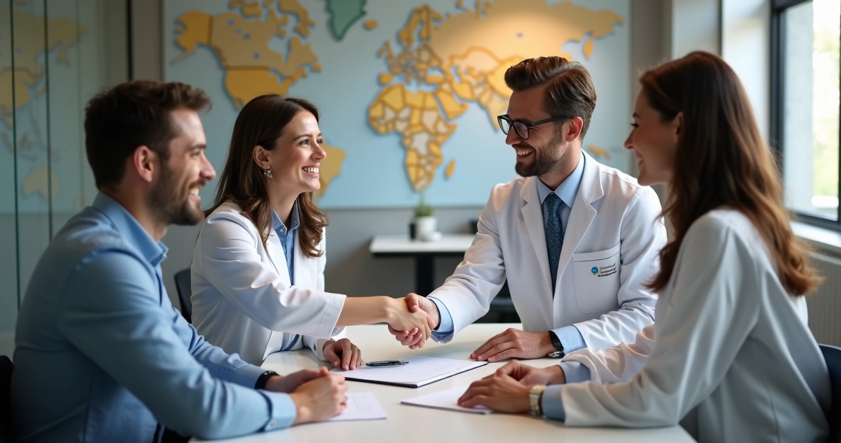 Equipe de clínica odontológica firmando parceria com representantes de outro negócio regional 