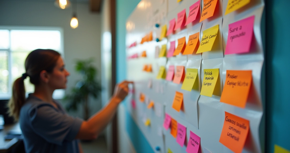 Quadro de backlog com tarefas, agência de viagens, post-its coloridos 