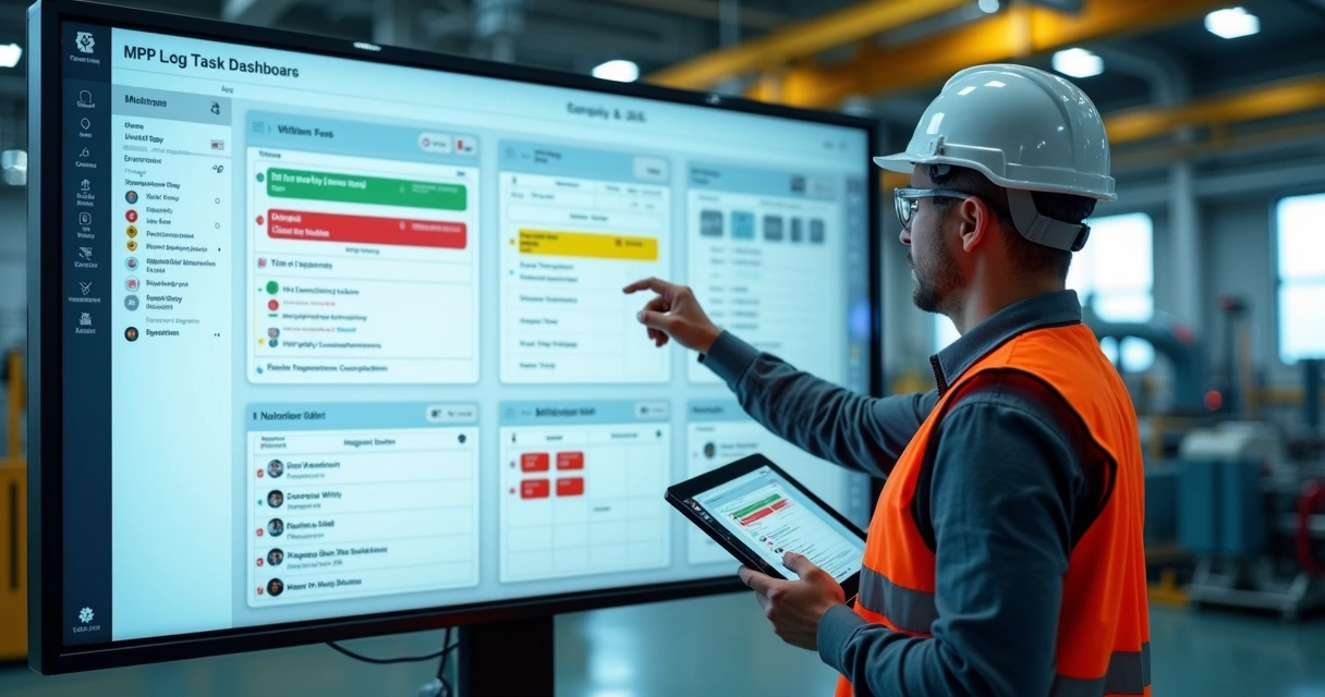 Técnico de manutenção analisando backlog de ordens de serviço em uma fábrica 