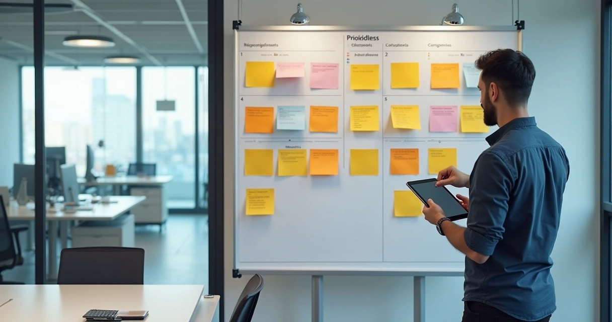 Quadro Kanban com cartões e pessoa organizando prioridades de produto 