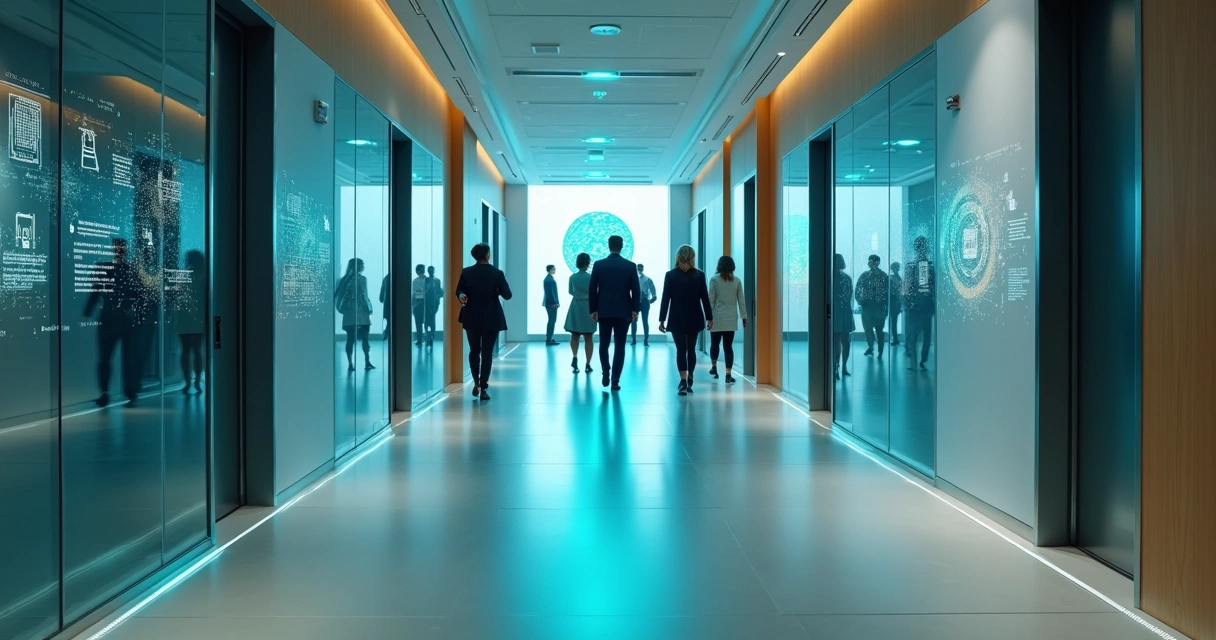 Corredor de escritório com portas marcando etapas do backoffice ligadas por luz de IA 
